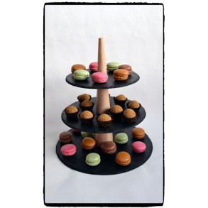 3 - Tier Rounded Slate Cake Stand Combined With Wood 28x28x33 cm