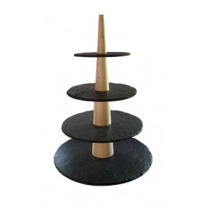 4 - Tier Rounded Slate Cake Stand Combined With Wood 28x28x43 cm