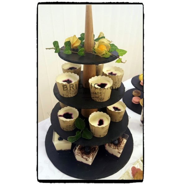 4 - Tier Rounded Slate Cake Stand Combined With Wood 28x28x43 cm - Cake Stands