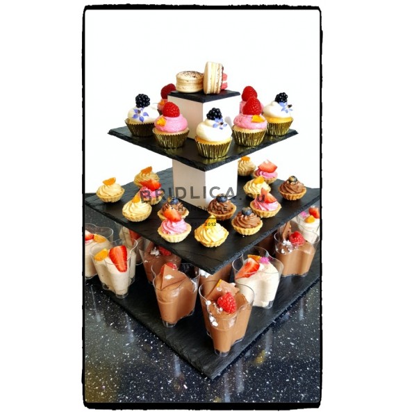 3 - Tier Square Slate Cake Stand CUBICON Combined With Wood 36x36x27 cm - Cake Stands