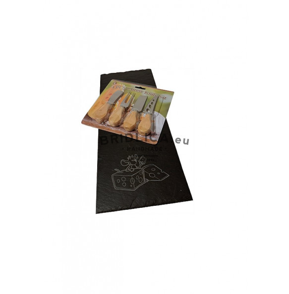 Slate Serving Plate + Special  Stainless Steel Knifes for Cutting Cheese 40X16 cm type H. 