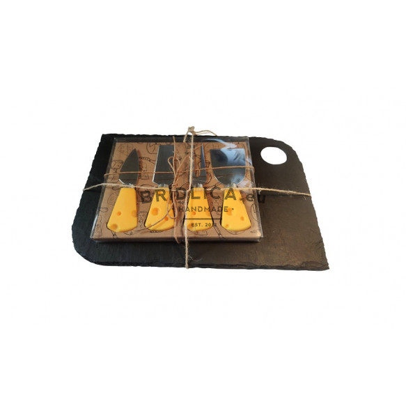 Slate Serving Plate + Special  Stainless Steel Knifes for Cutting Cheese 30x20 cm type E. 