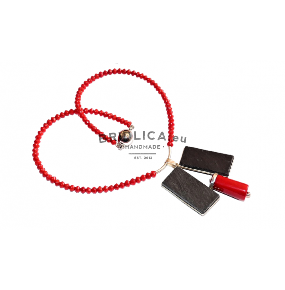 Exclusive necklace of natural bamboo red coral beads, silver and slate - Jewels