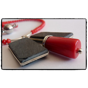 Exclusive necklace of natural bamboo red coral beads, silver and slate